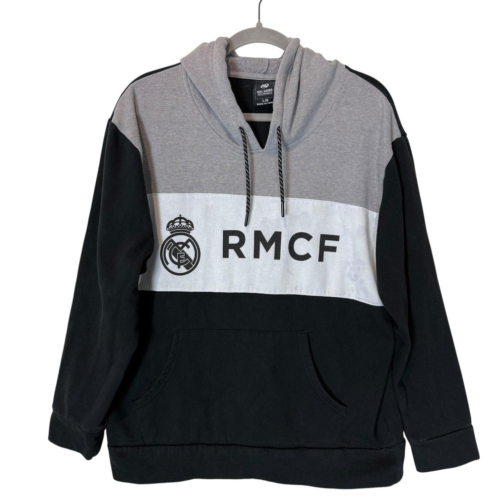Real Madrid Sweatshirt Mens Large Gray Black‎ Soccer RMCF Colorblock Hoodie